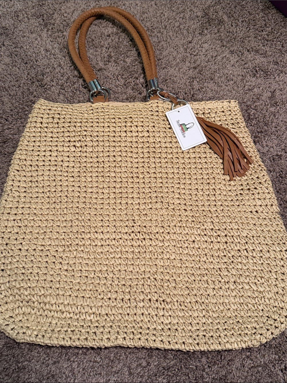 Straw Studios Beige Woven Shoulder Bag with Tan Tassel